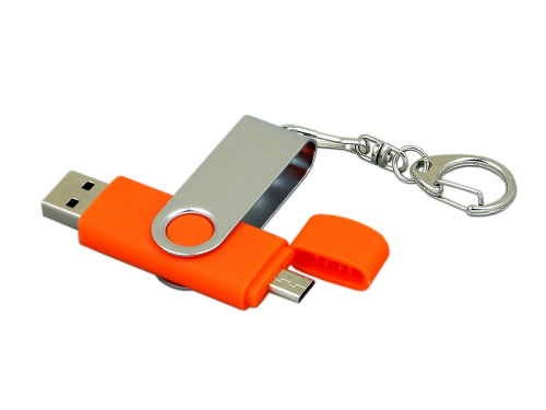Флешка с  поворотным механизмом, c дополнительным разъемом Micro USB, 16 Гб, оранжевый
