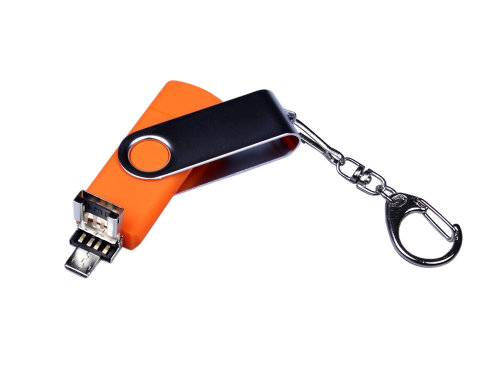 USB-флешка на 16 Гб поворотный механизм, c двумя дополнительными разъемами MicroUSB и TypeC, оранжевый