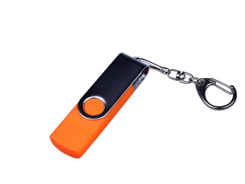 USB-флешка на 16 Гб поворотный механизм, c двумя дополнительными разъемами MicroUSB и TypeC, оранжевый
